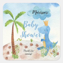 Pegatina Cuadrada Baby Shower Cute Blue Dinosaur Palm Tree Boy