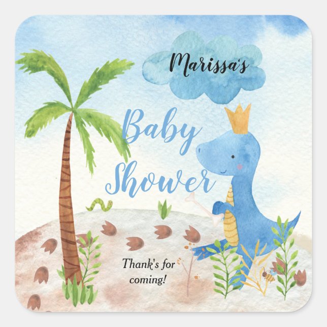 Pegatina Cuadrada Baby Shower Cute Blue Dinosaur Palm Tree Boy (Anverso)