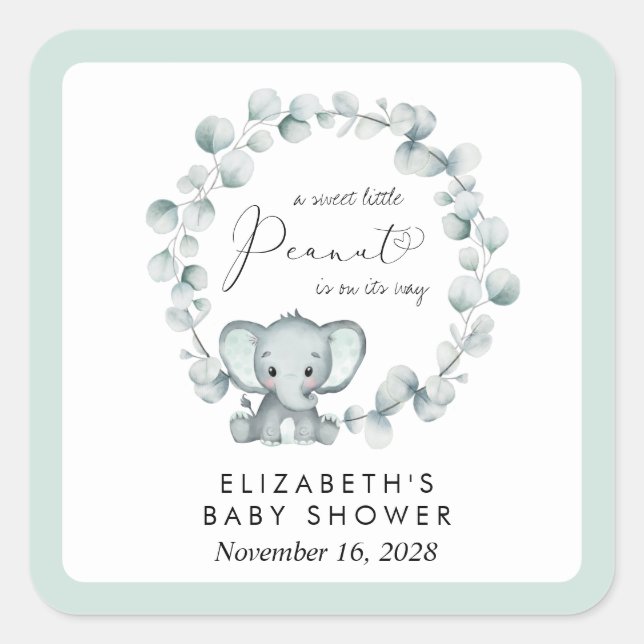 Pegatina Cuadrada Baby Shower Cute Elephant Eucalyptus (Anverso)