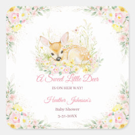 Pegatina Cuadrada Baby Shower Cute Pink Floral Deer