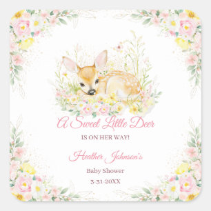 Pegatina Cuadrada Baby Shower Cute Pink Floral Deer