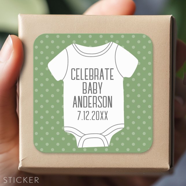 Pegatina Cuadrada Baby Shower - Cute puntos de polka verde (Custom Sticker - Personalize with your info for a party favor or gift)