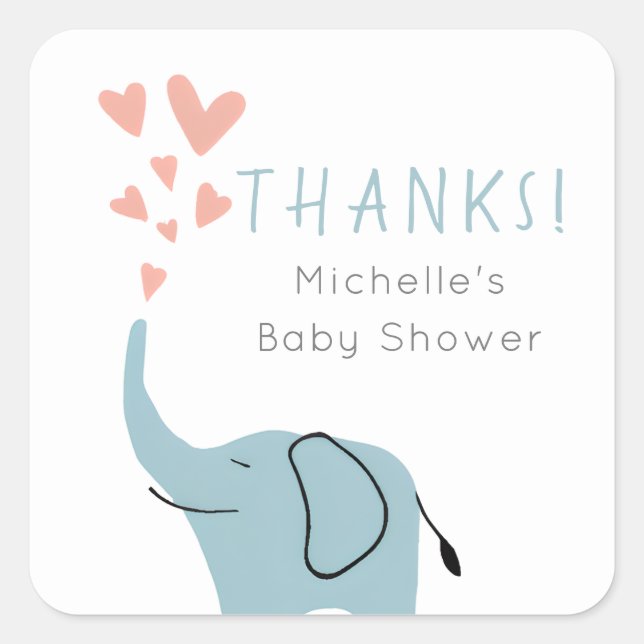 Pegatina Cuadrada Baby Shower Cute Whimsical Blue Elephant (Anverso)