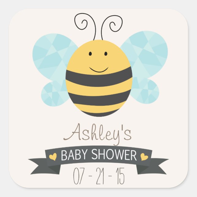 Pegatina Cuadrada Baby Shower Cute Yellow & Black Bee (Anverso)