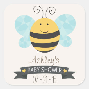 Pegatina Cuadrada Baby Shower Cute Yellow & Black Bee
