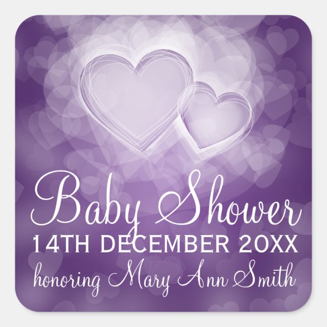 Pegatina Cuadrada Baby Shower Date Modern Hearts Purple (Anverso)