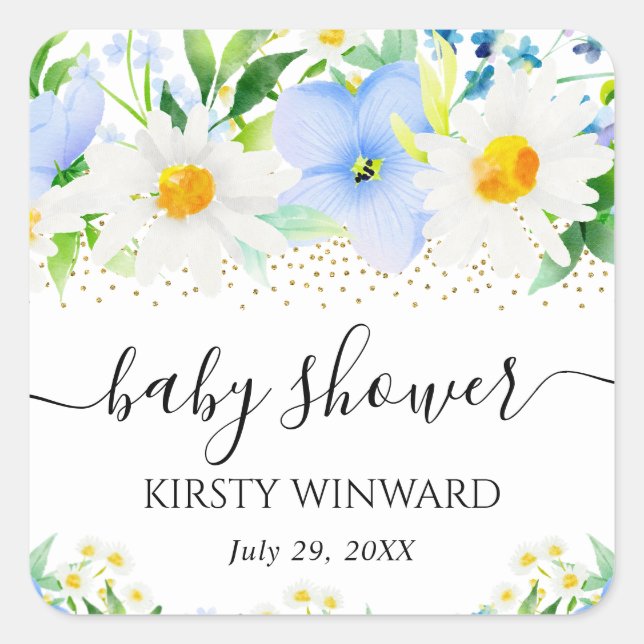 Pegatina Cuadrada Baby Shower de acuarelas azules y mareas (Anverso)