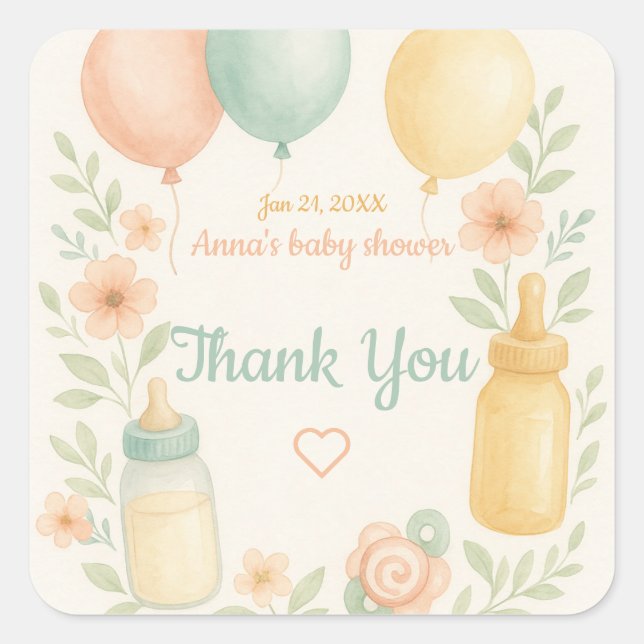 Pegatina Cuadrada Baby Shower de agua suave (Anverso)