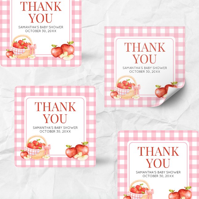 Pegatina Cuadrada Baby Shower de Apple of Our Eye (The Apple of Our Eye Gingham Baby Shower Square Sticker)