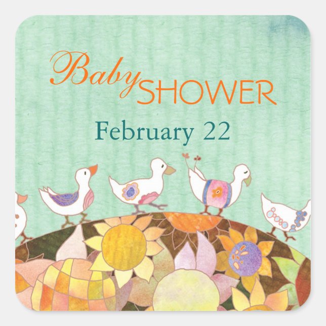 Pegatina Cuadrada Baby Shower de aves florales (Anverso)