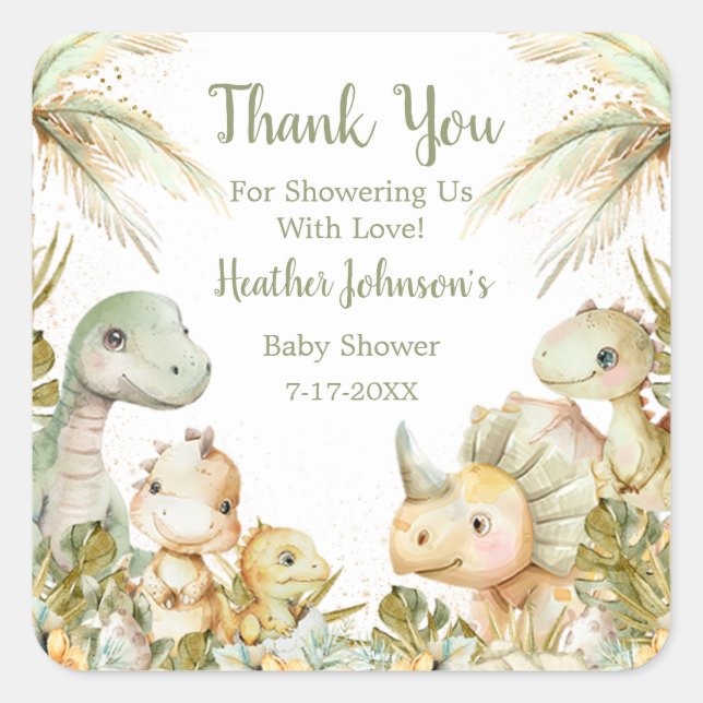 Pegatina Cuadrada Baby Shower de Boho Neutral Dinosaur (Anverso)
