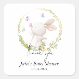 Pegatina Cuadrada Baby Shower de Bunny y Butterflies minimalistas