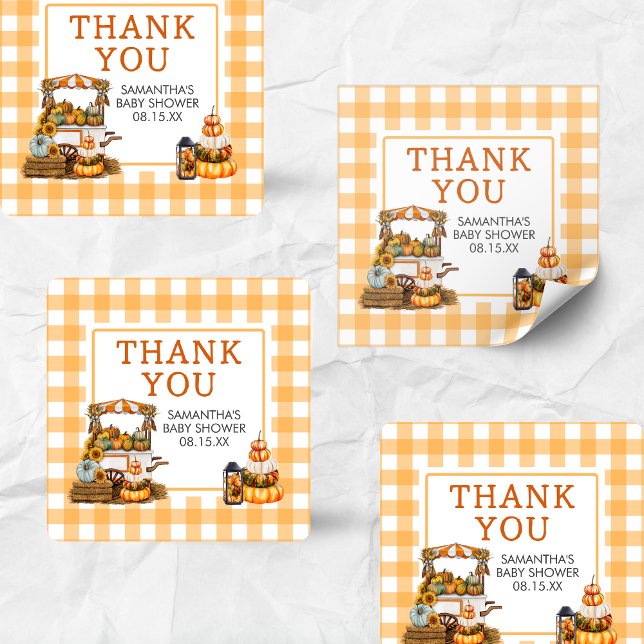 Pegatina Cuadrada Baby Shower de calabaza local (Fall Pumpkin Baby Shower Sticker)