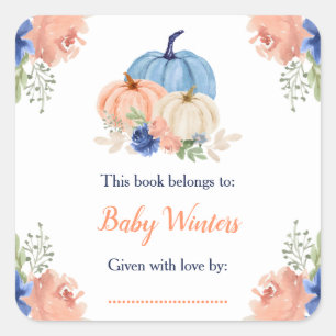 Pegatina Cuadrada Baby Shower de calabazas florales azul de la marin