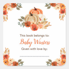 Pegatina Cuadrada Baby Shower de calabazas florales naranjas