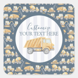 Pegatina Cuadrada Baby Shower de camión de construcción