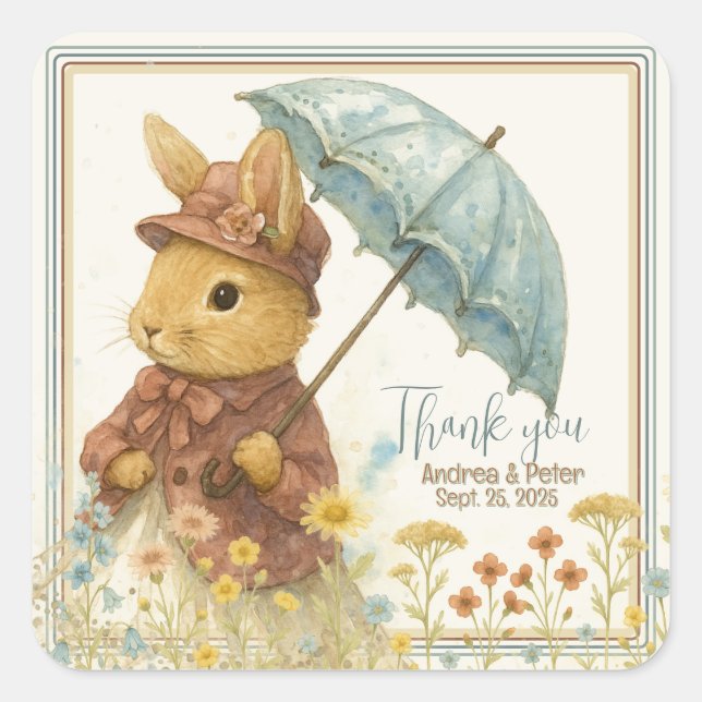 Pegatina Cuadrada Baby Shower de conejo pequeño para Chica (Anverso)