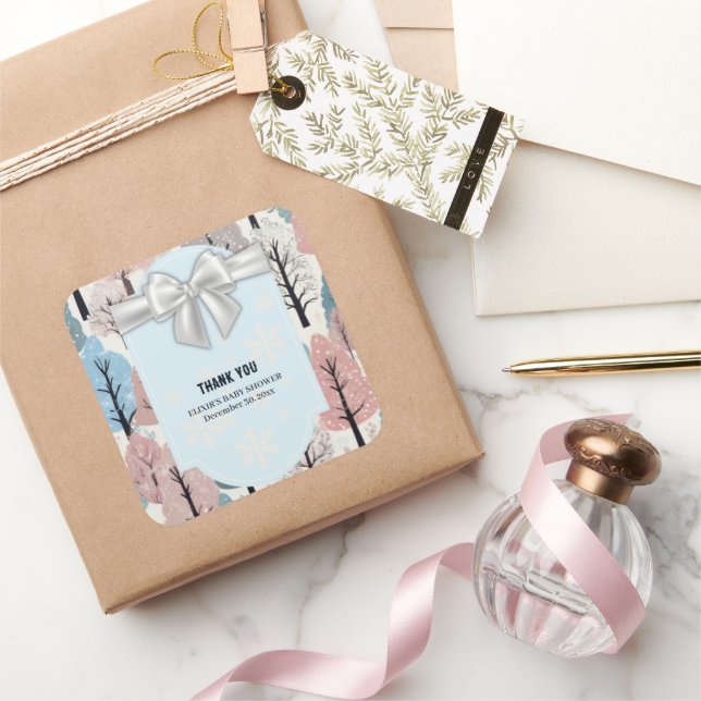 Pegatina Cuadrada Baby Shower de copas de nieve del bosque de invier (Regalar)