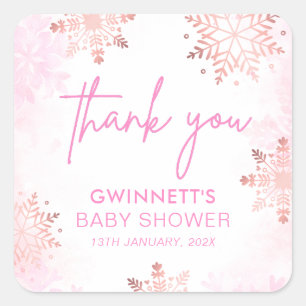 Pegatina Cuadrada Baby Shower de copo de nieve rosa