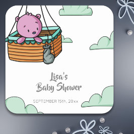 Pegatina Cuadrada Baby Shower de Cubo de Oso Rosa