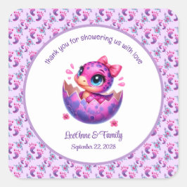 Pegatina Cuadrada Baby Shower de dinosaurios curados "Hatching Pront