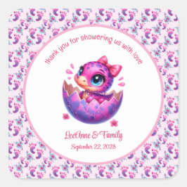 Pegatina Cuadrada Baby Shower de dinosaurios rosados "Hatchando pron