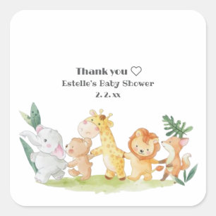 Pegatina Cuadrada Baby Shower de divertidos animales de Woodland