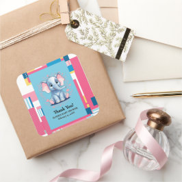 Pegatina Cuadrada Baby Shower de Elefante Azul de la Selva Colorida