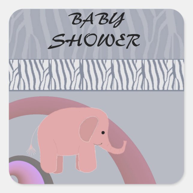 Pegatina Cuadrada Baby Shower de Elefante Rosa (Anverso)
