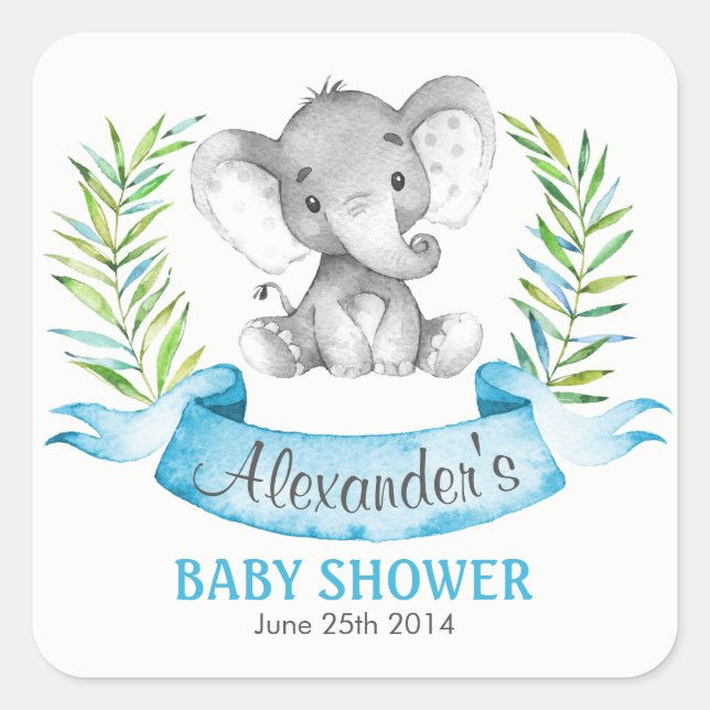 Pegatina Cuadrada Baby Shower de Elephant Boy (Anverso)