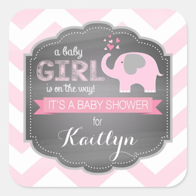 Pegatina Cuadrada Baby Shower de Elephant Rosa (Anverso)