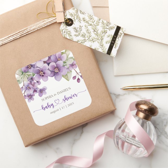 Pegatina Cuadrada Baby Shower De Flores Violetas Delicadas De Primav (Regalar)