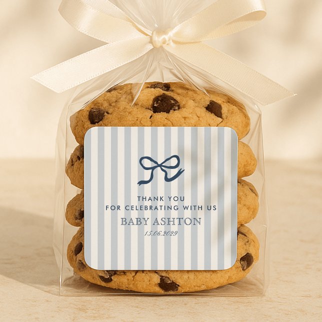 Pegatina Cuadrada Baby Shower de franjas y bozas azules francesas (Subido por el creador)