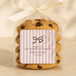 Pegatina Cuadrada Baby Shower de franjas y bozas rosadas francesas