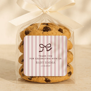 Pegatina Cuadrada Baby Shower de franjas y bozas rosadas francesas