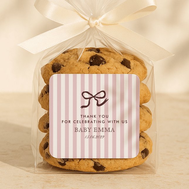 Pegatina Cuadrada Baby Shower de franjas y bozas rosadas francesas (Subido por el creador)