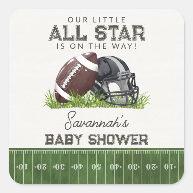 Pegatina Cuadrada Baby Shower de Fútbol Little All Star Touchdown (Anverso)