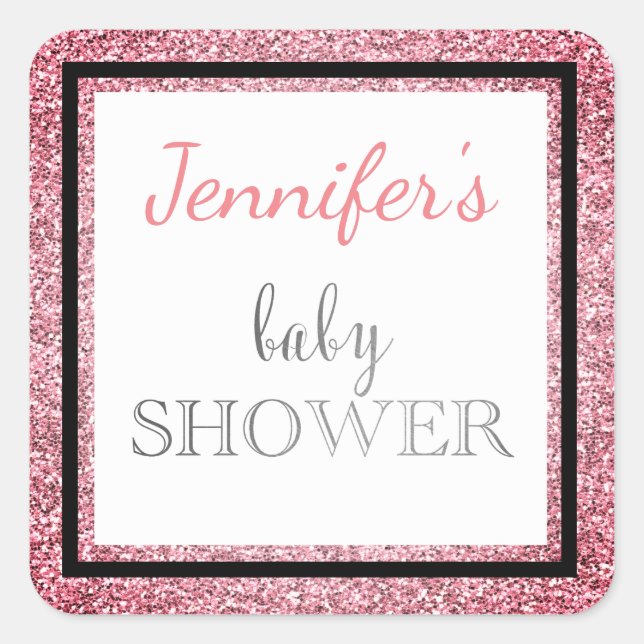 Pegatina Cuadrada Baby Shower de glamour negro rosa (Anverso)