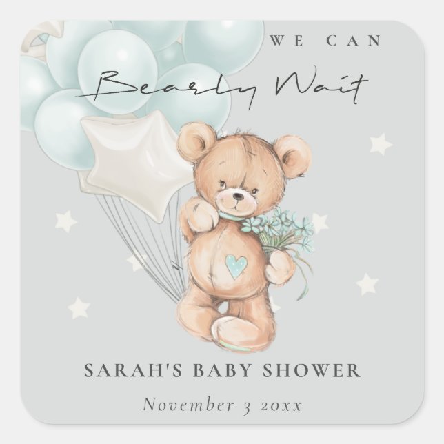 Pegatina Cuadrada Baby Shower de globo Bear Bear Wait Bear gris azul (Anverso)