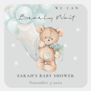 Pegatina Cuadrada Baby Shower de globo Bear Bear Wait Bear gris azul