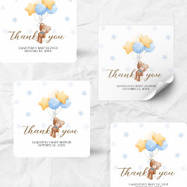 Pegatina Cuadrada Baby Shower de globo de oso azul