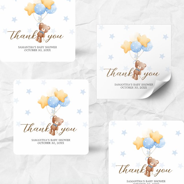 Pegatina Cuadrada Baby Shower de globo de oso azul (Boy We Can Bearly Wait Balloon Baby Shower Sticker)
