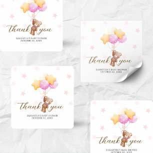 Pegatina Cuadrada Baby Shower de globo de oso rosa