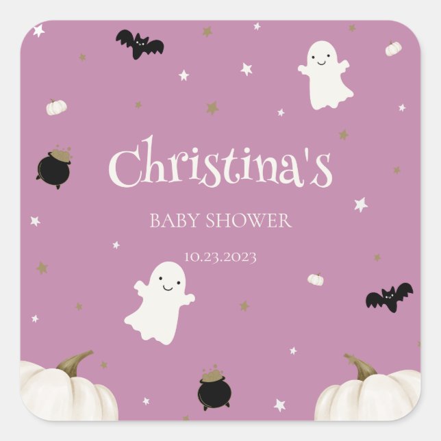 Pegatina Cuadrada Baby Shower de Halloween (Anverso)