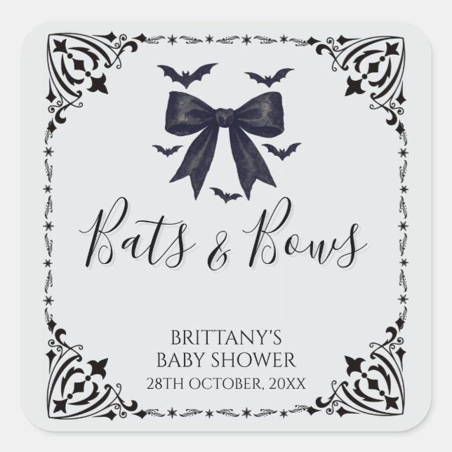 Pegatina Cuadrada Baby Shower de Halloween de Bats and Bows (Anverso)