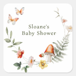 Pegatina Cuadrada Baby Shower de hongos boscosos encantados