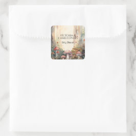 Pegatina Cuadrada Baby Shower de hongos con toadstool forestal encan