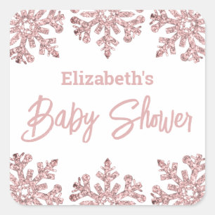 Pegatina Cuadrada Baby Shower de invierno con copo de nieve Rosa Ros