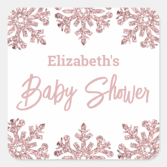 Pegatina Cuadrada Baby Shower de invierno con copo de nieve Rosa Ros (Anverso)