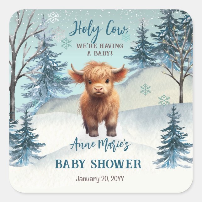 Pegatina Cuadrada Baby Shower de invierno de Cute Highland Holy Cow (Anverso)